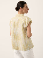 100% Linen Gingham Ruffle Sleeve Shirt CYBELLE