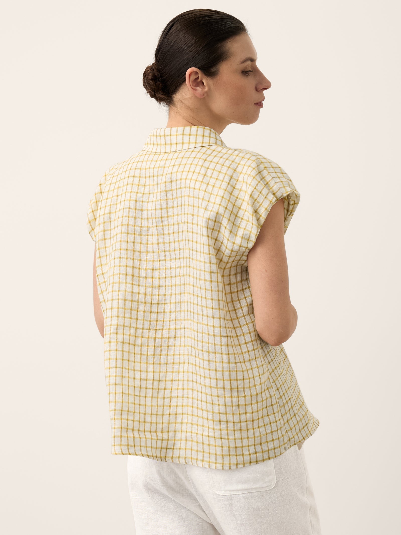 100% Linen Gingham Ruffle Sleeve Shirt CYBELLE