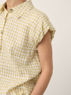 100% Linen Gingham Ruffle Sleeve Shirt CYBELLE