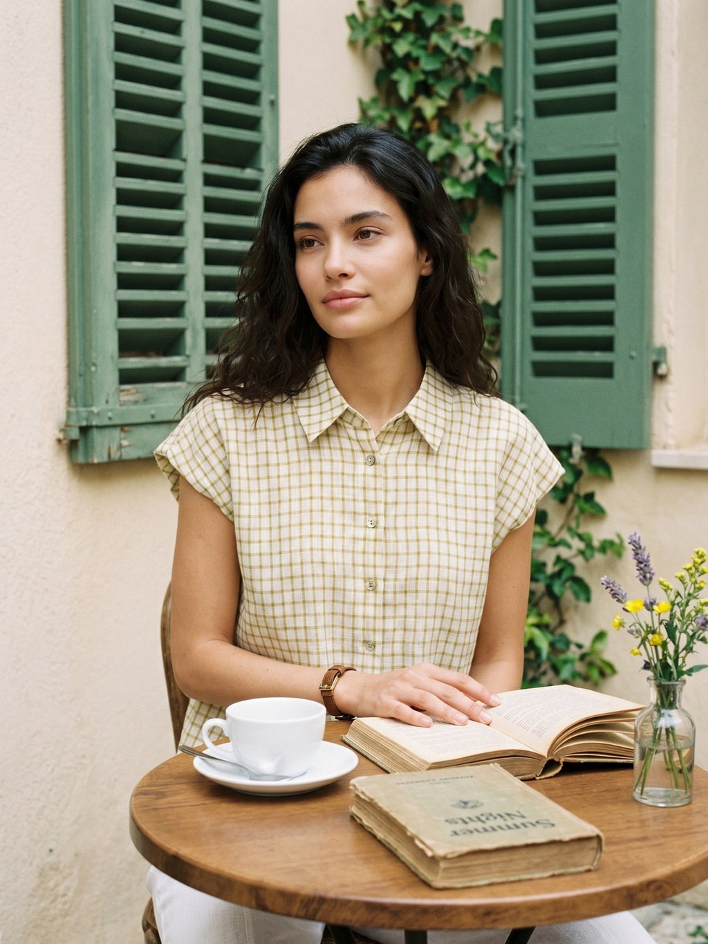 100% Linen Gingham Ruffle Sleeve Shirt CYBELLE