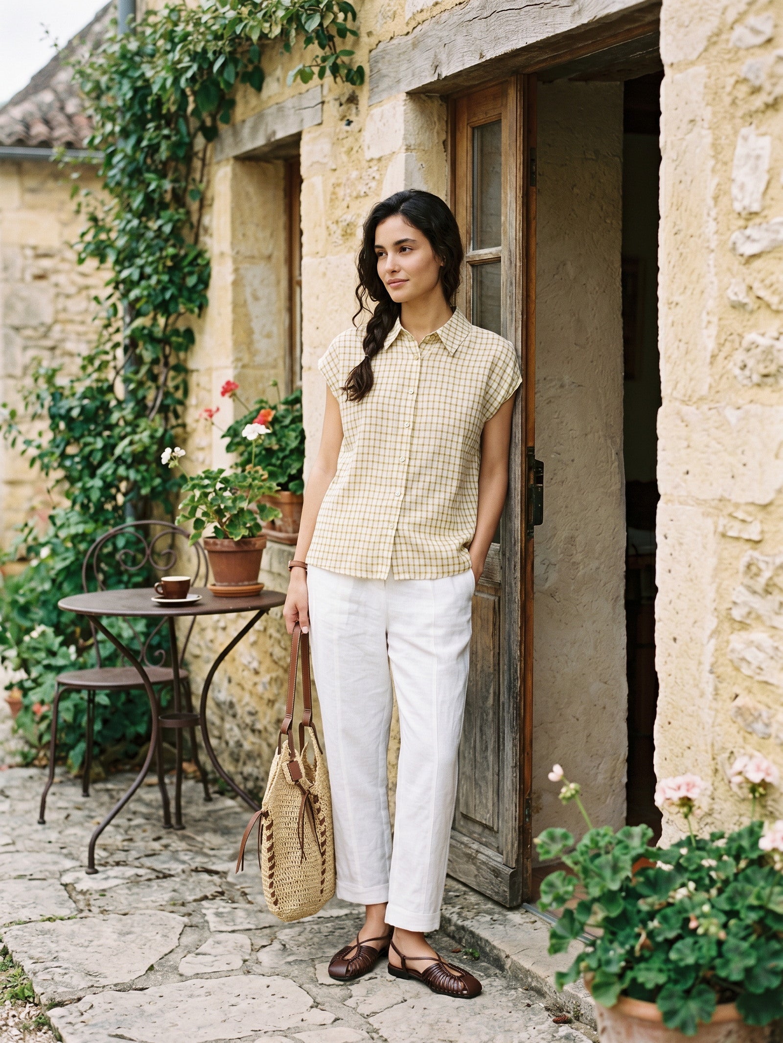 100% Linen Gingham Ruffle Sleeve Shirt CYBELLE