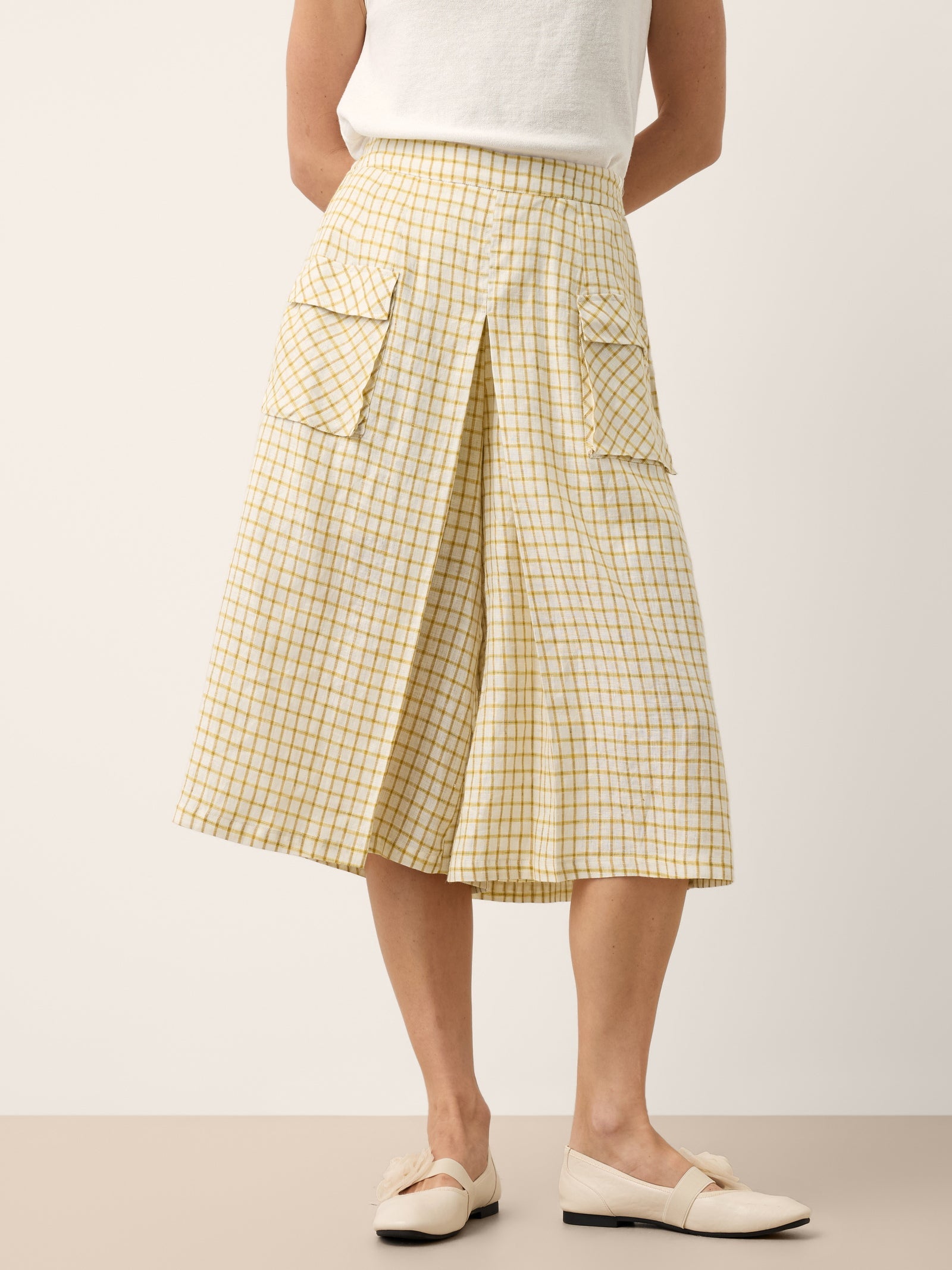 100% Linen Gingham Split Front Culotte Pants DAVINA