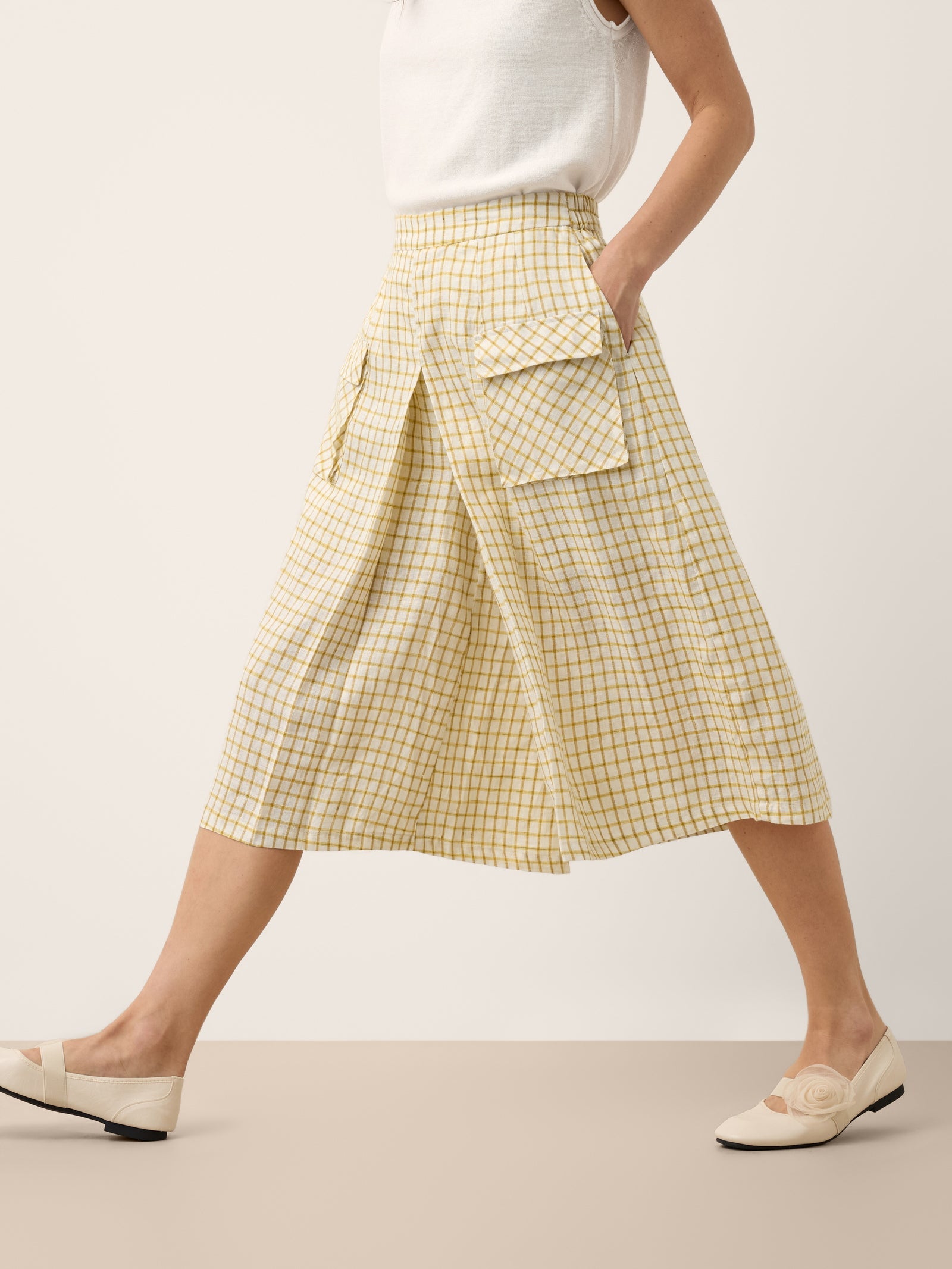 100% Linen Gingham Split Front Culotte Pants DAVINA