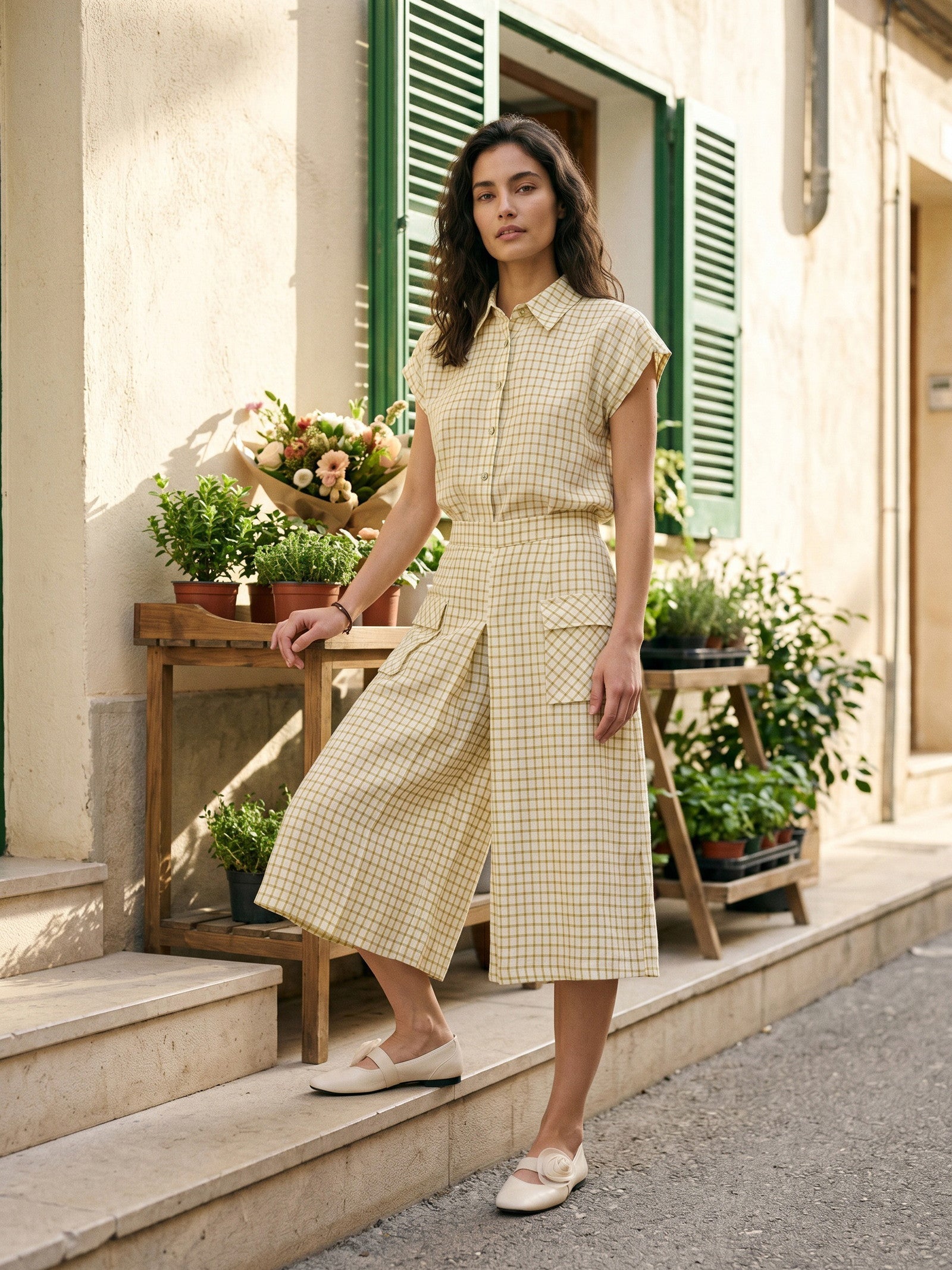 100% Linen Gingham Split Front Culotte Pants DAVINA