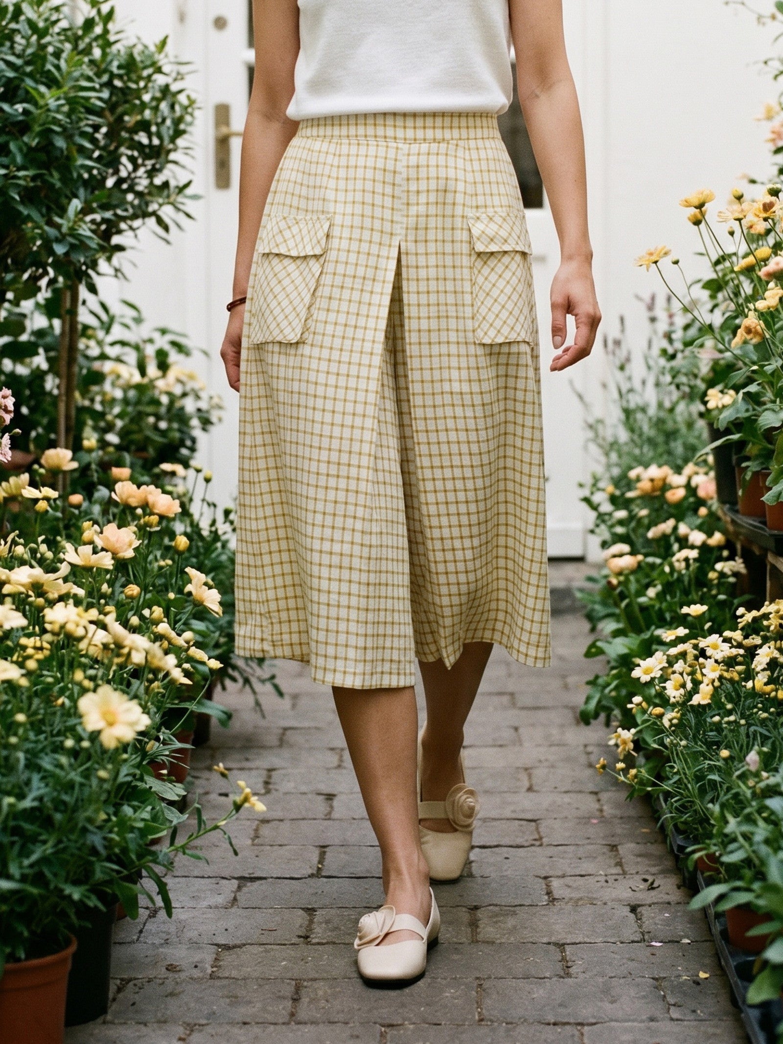 100% Linen Gingham Split Front Culotte Pants DAVINA