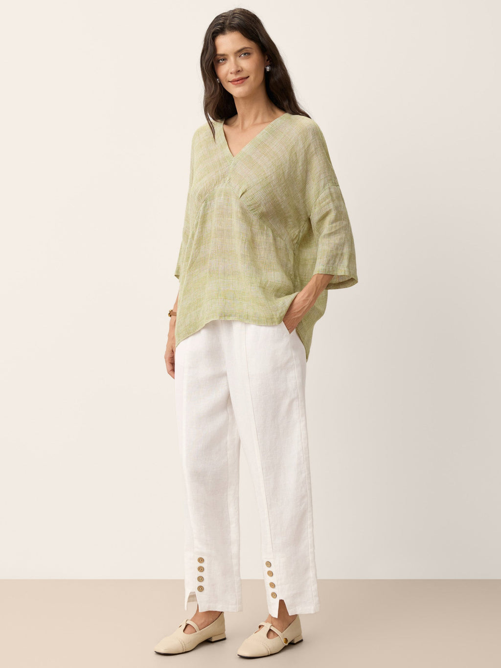 100% Linen Gingham V-Neck High-Low Overtop ALTHEIA
