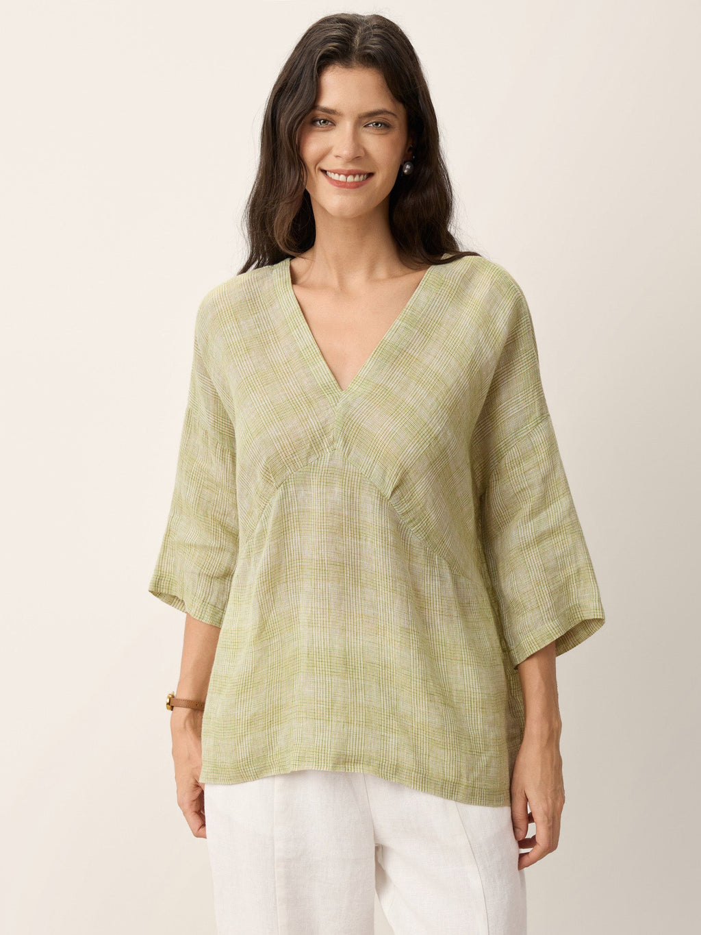 100% Linen Gingham V-Neck High-Low Overtop ALTHEIA