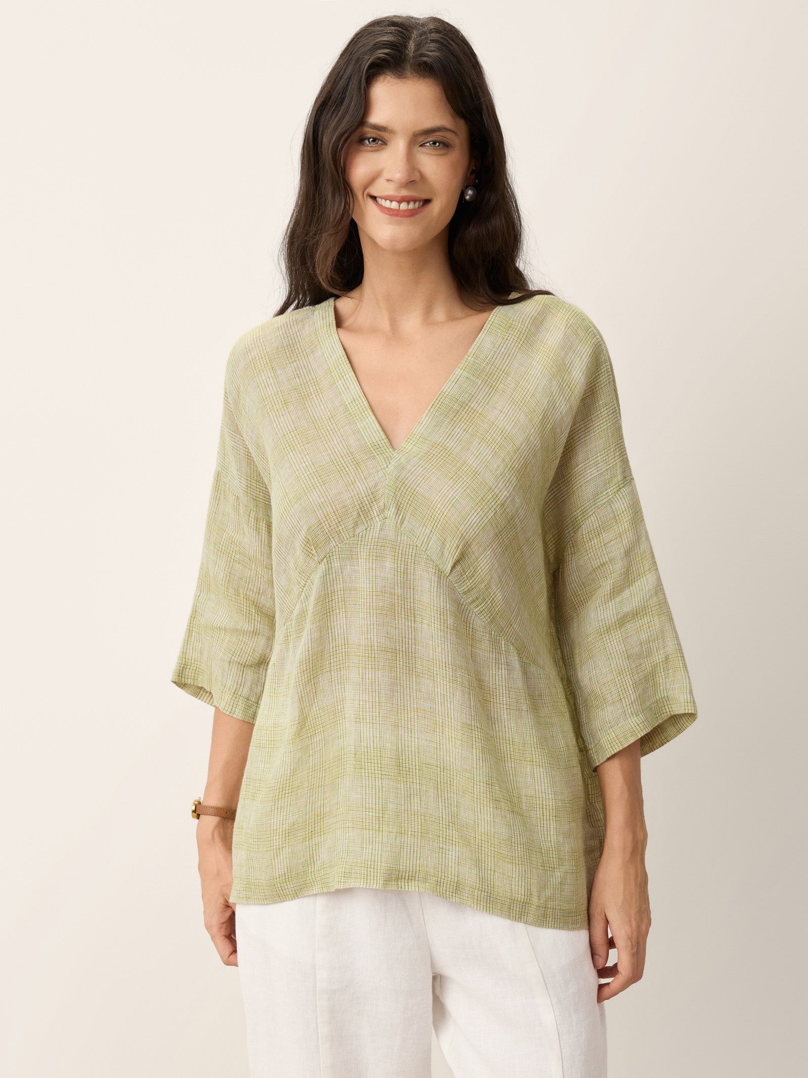 100% Linen Gingham V-Neck High-Low Overtop ALTHEIA
