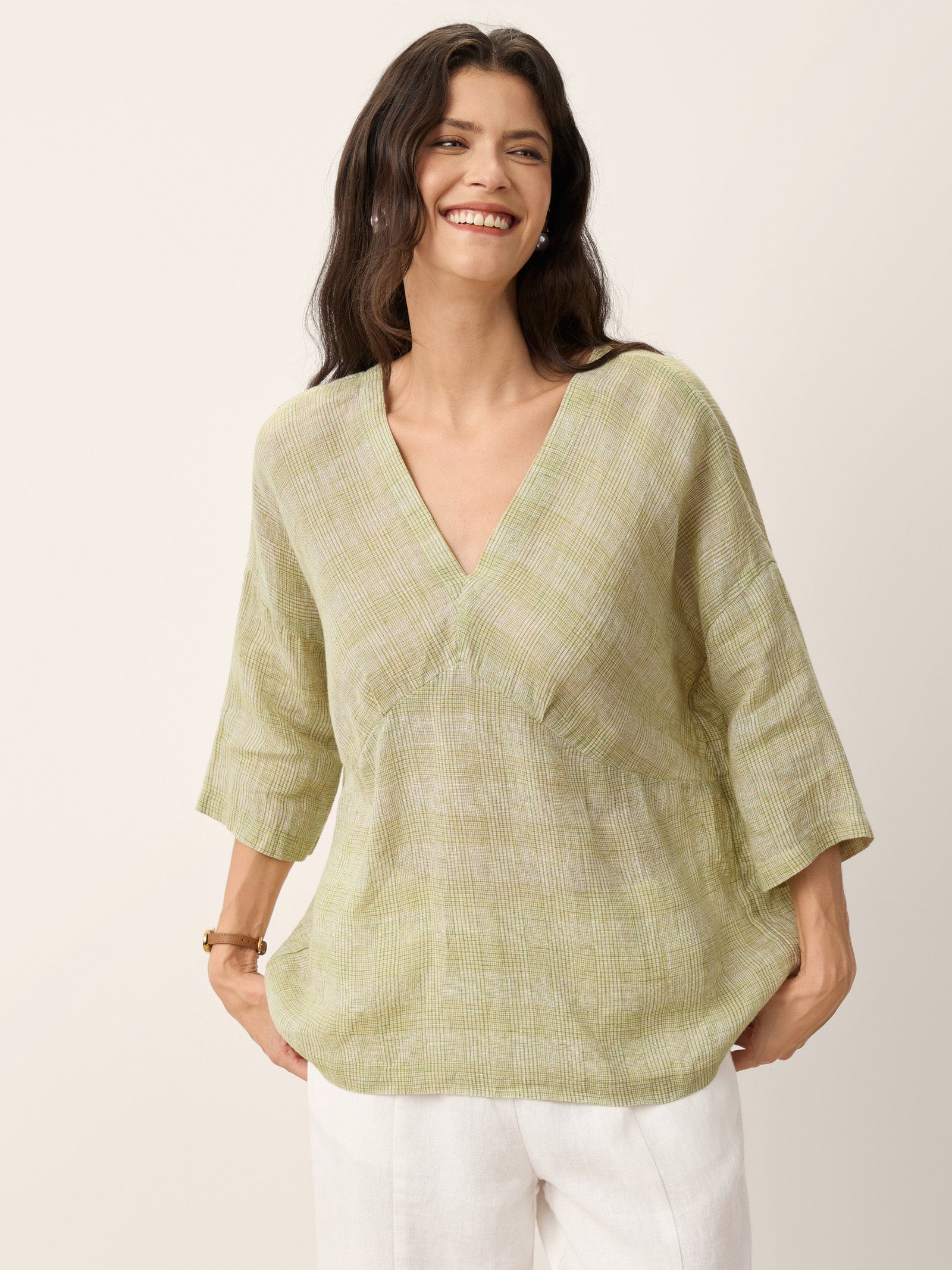 100% Linen Gingham V-Neck High-Low Overtop ALTHEIA