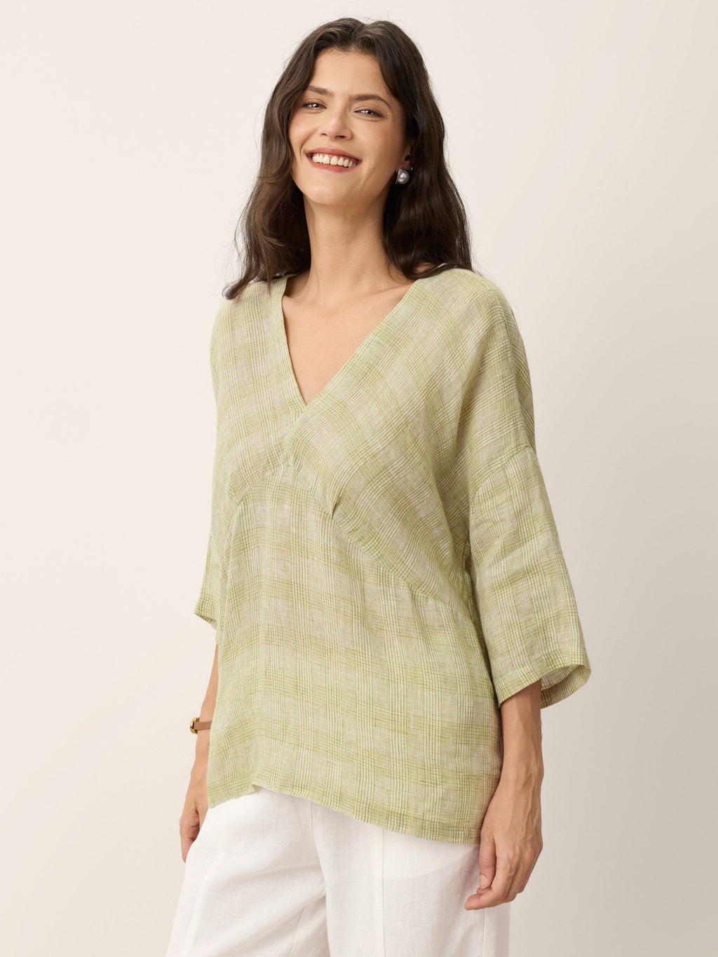 100% Linen Gingham V-Neck High-Low Overtop ALTHEIA