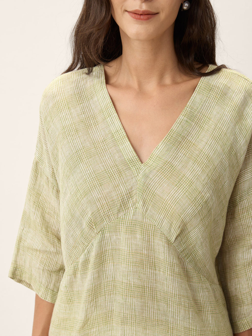 100% Linen Gingham V-Neck High-Low Overtop ALTHEIA