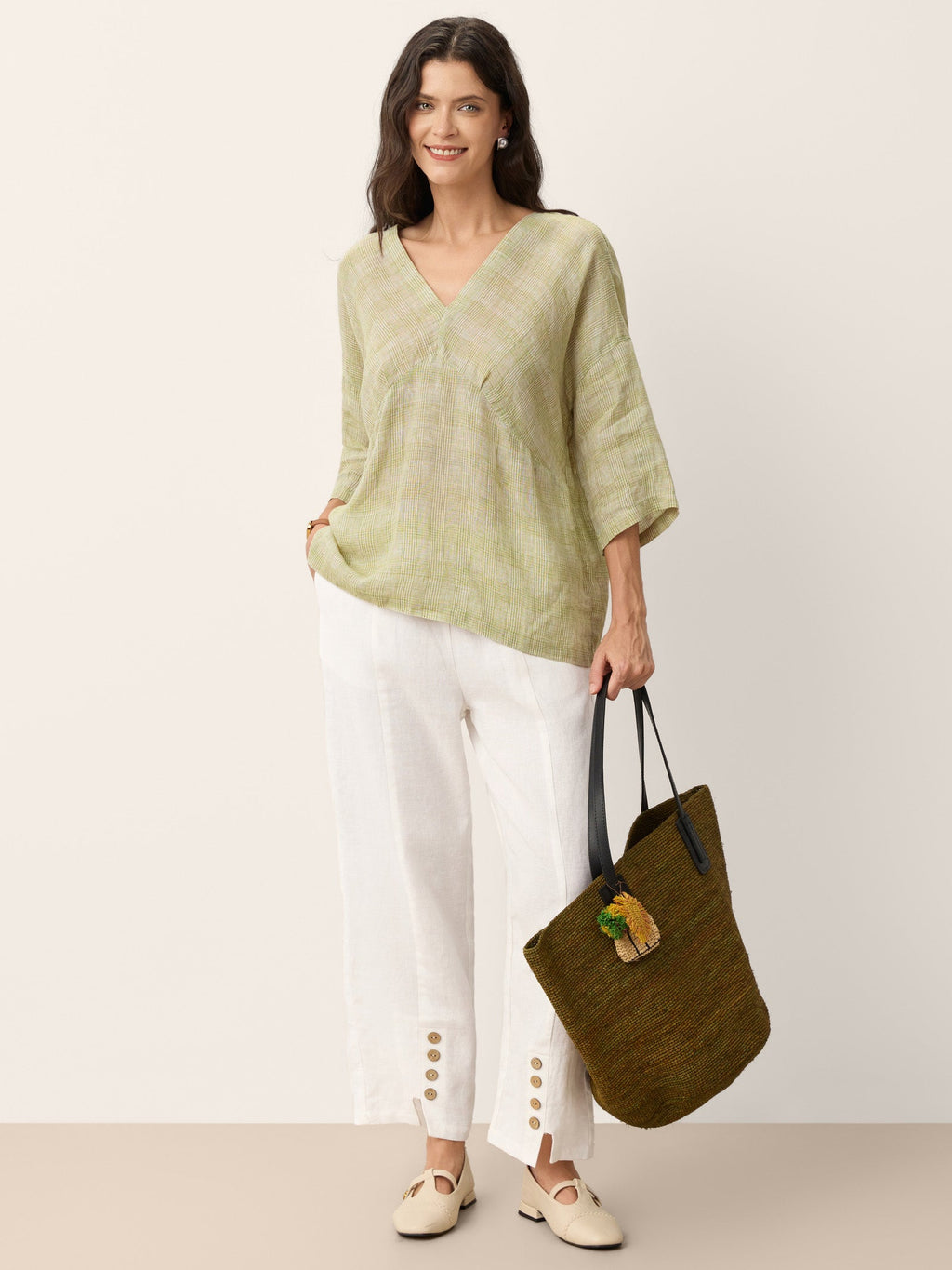 100% Linen Gingham V-Neck High-Low Overtop ALTHEIA