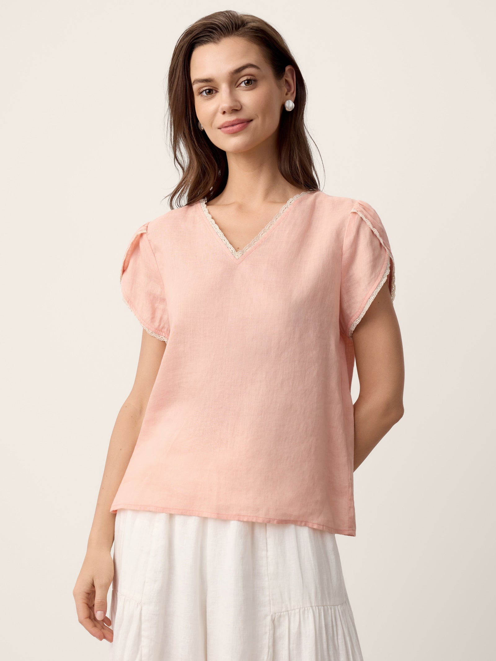 100% Linen Lace-Trim Puff-Sleeve Top NIA