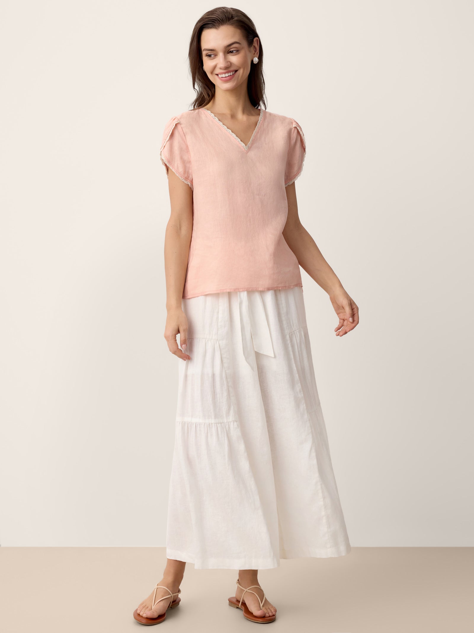 100% Linen Lace-Trim Puff-Sleeve Top NIA
