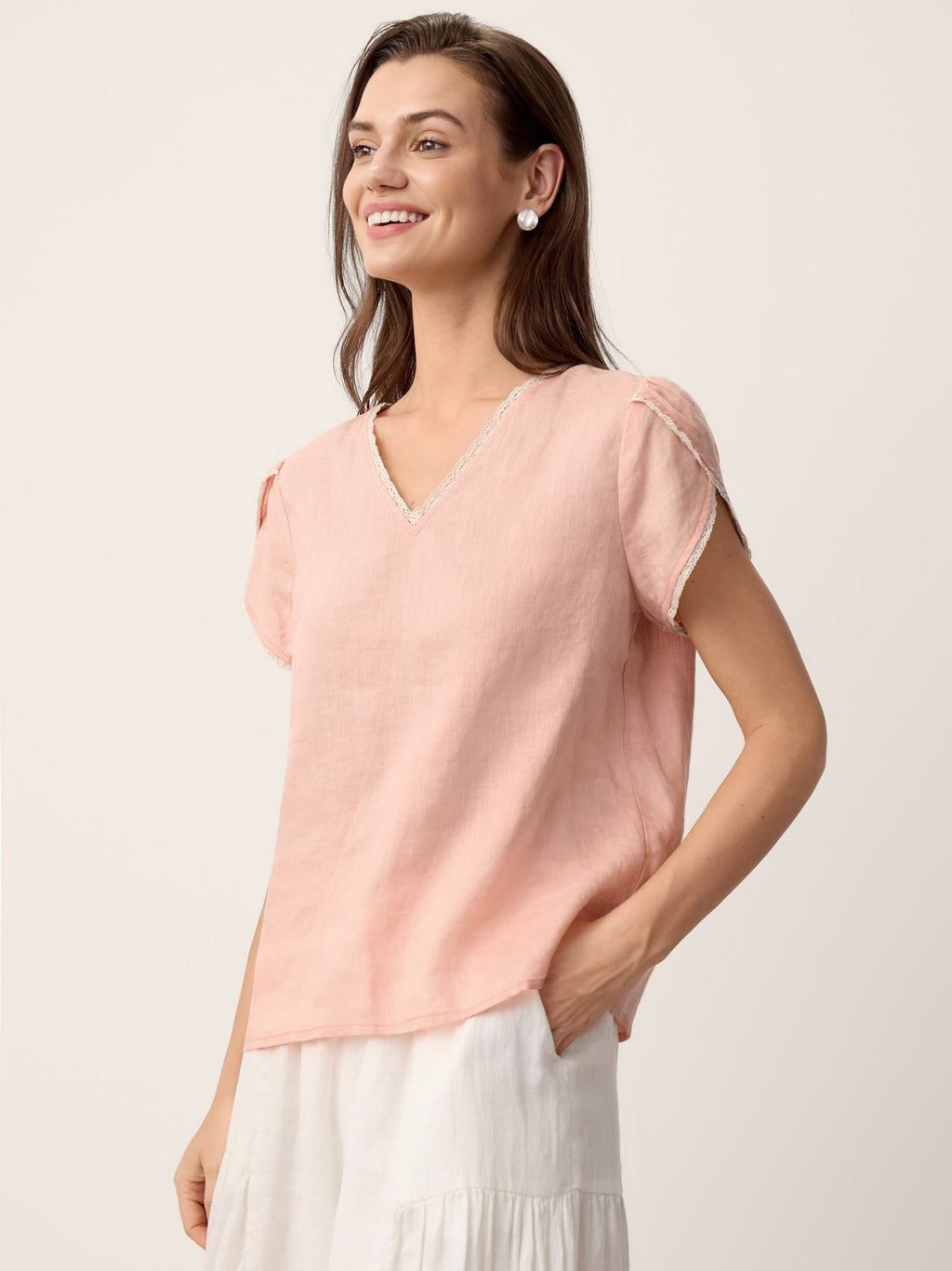 100% Linen Lace-Trim Puff-Sleeve Top NIA