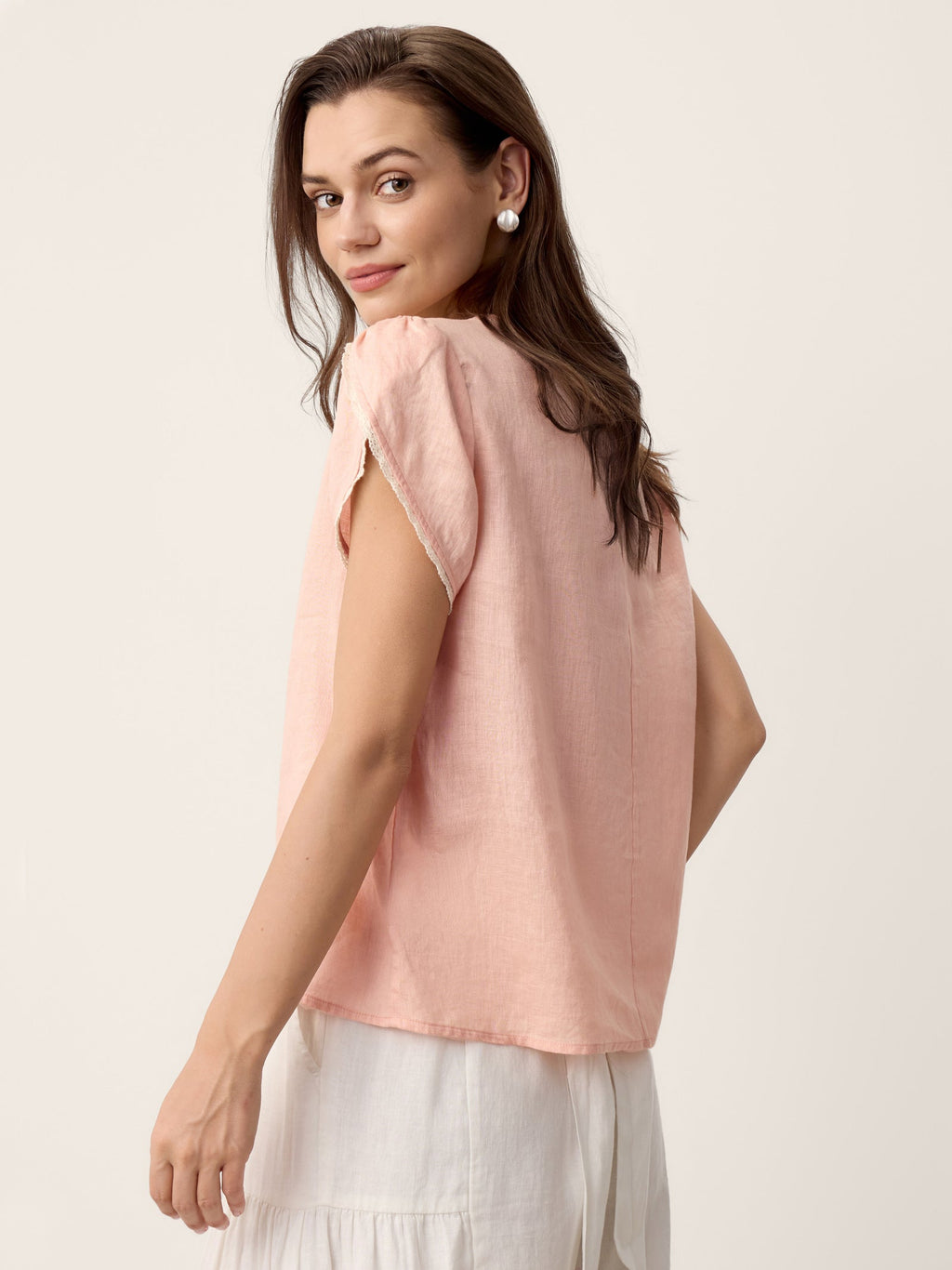100% Linen Lace-Trim Puff-Sleeve Top NIA