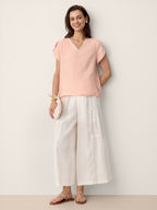 100% Linen Lace-Trim Puff-Sleeve Top NIA