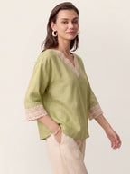 100% Linen Lace-Trim V-Neck Top KEELY