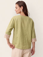 100% Linen Lace-Trim V-Neck Top KEELY
