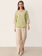100% Linen Lace-Trim V-Neck Top KEELY