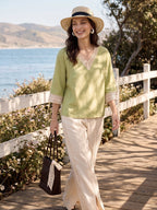 100% Linen Lace-Trim V-Neck Top KEELY