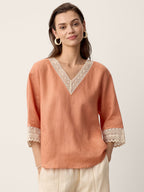 100% Linen Lace-Trim V-Neck Top KEELY