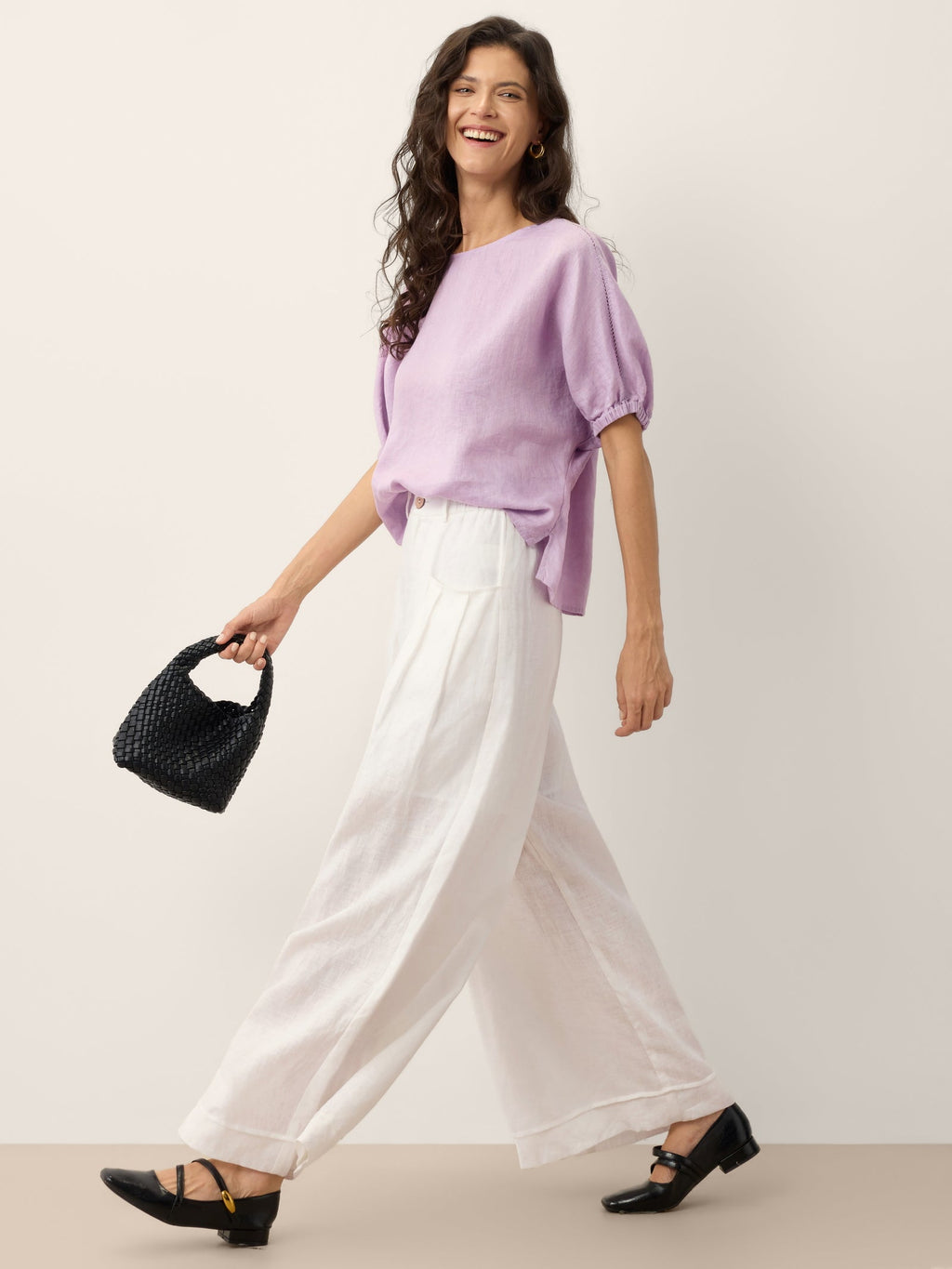 100% Linen Lace Inset Sculpted Cuff Top QUILLA