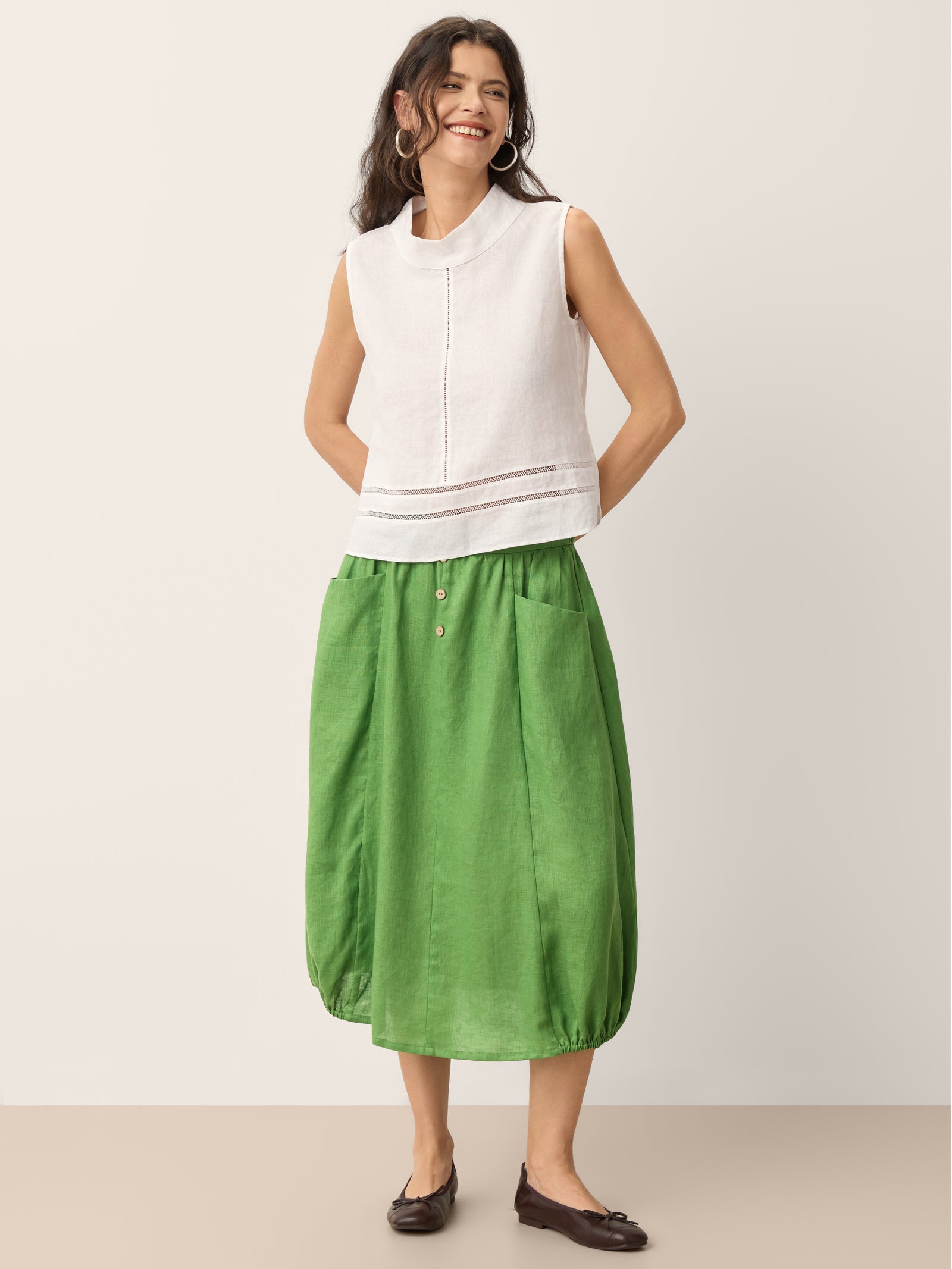 100% Linen Lace Inset Stand Collar Sleeveless Top ULANI