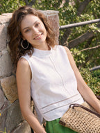 100% Linen Lace Inset Stand Collar Sleeveless Top ULANI