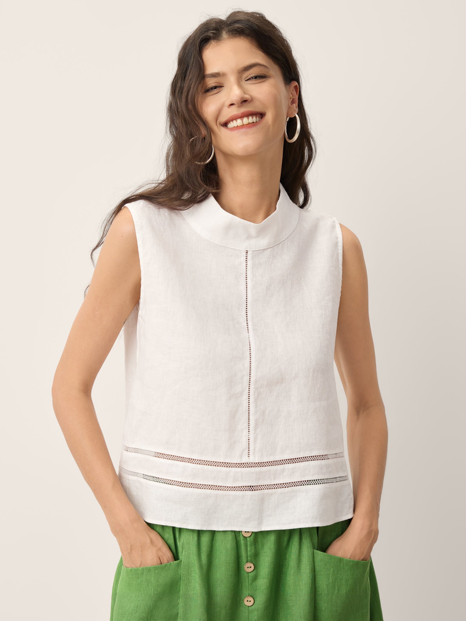 100% Linen Lace Inset Stand Collar Sleeveless Top ULANI