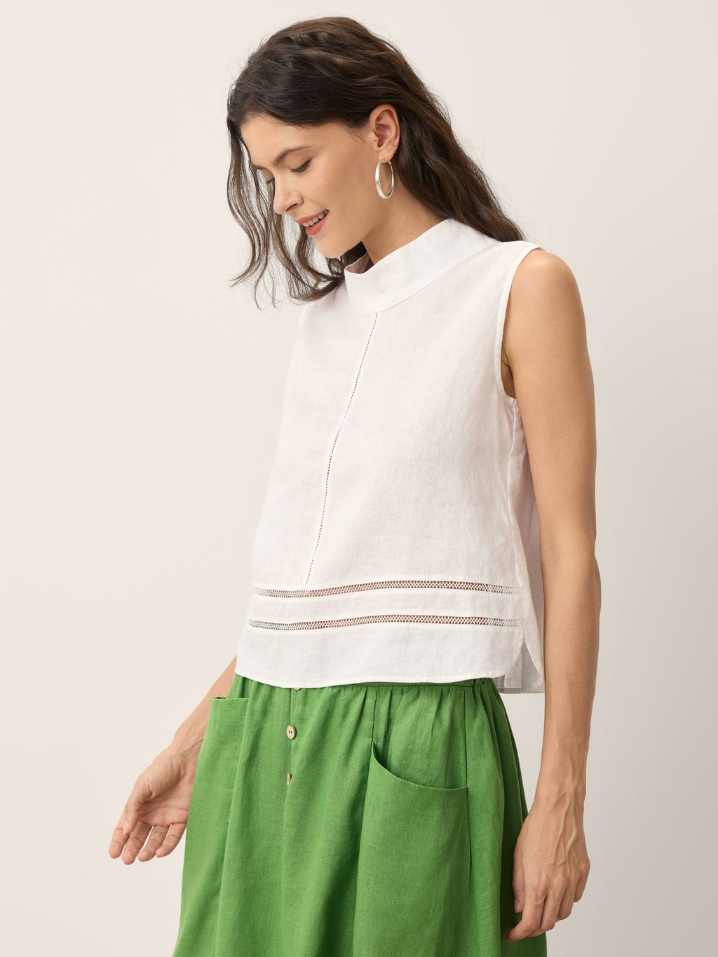 100% Linen Lace Inset Stand Collar Sleeveless Top ULANI