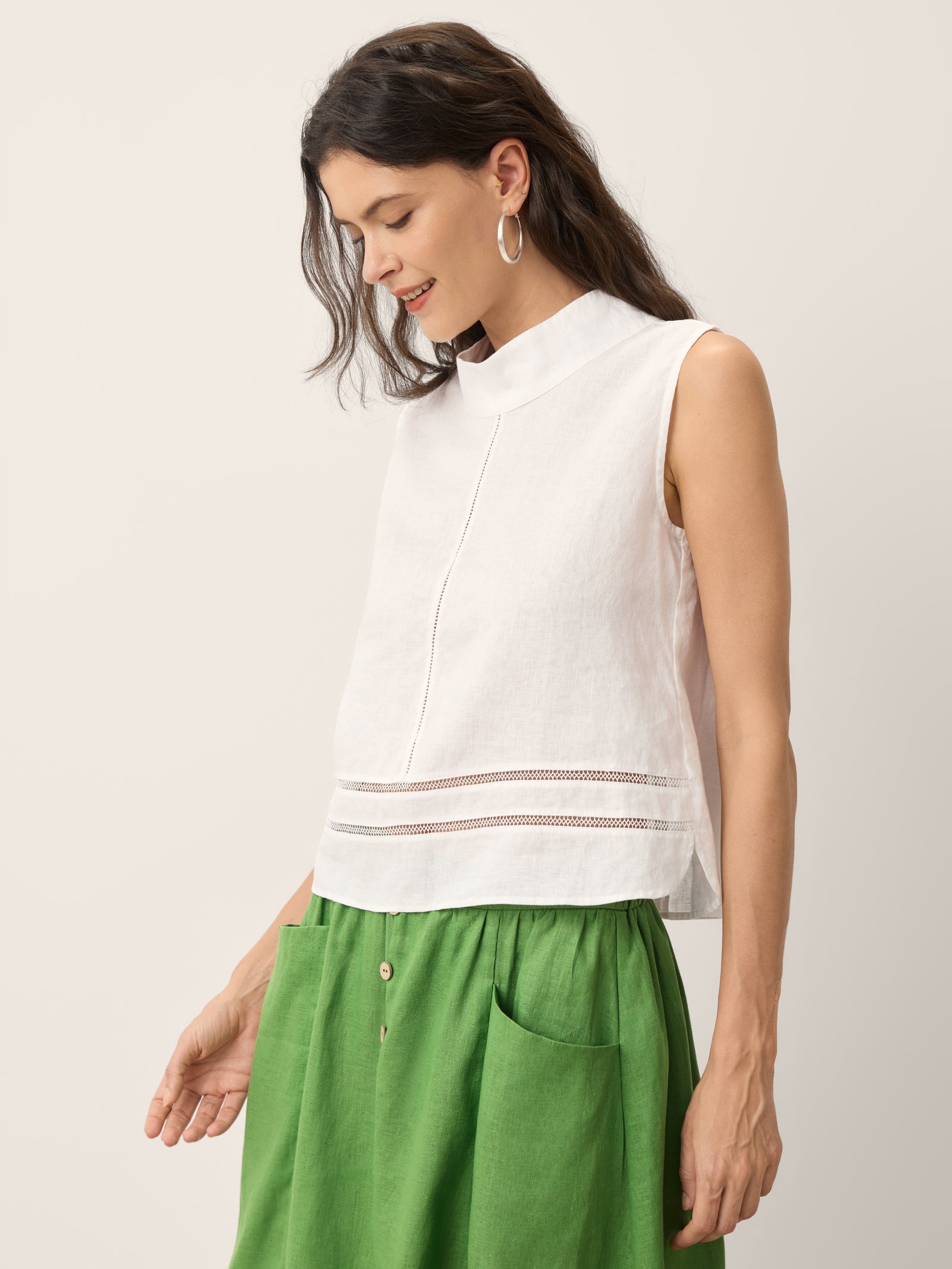 100% Linen Lace Inset Stand Collar Sleeveless Top ULANI