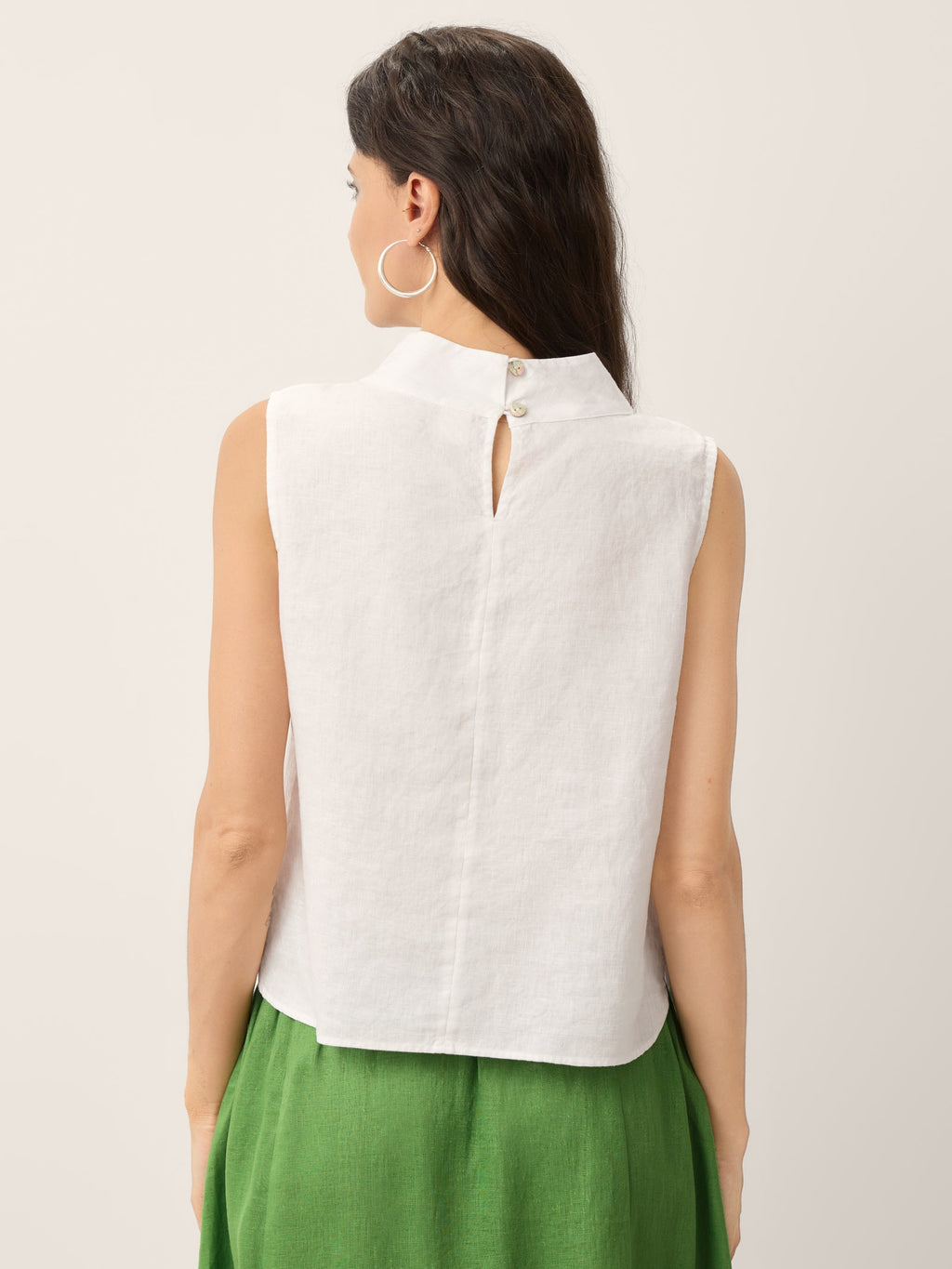 100% Linen Lace Inset Stand Collar Sleeveless Top ULANI
