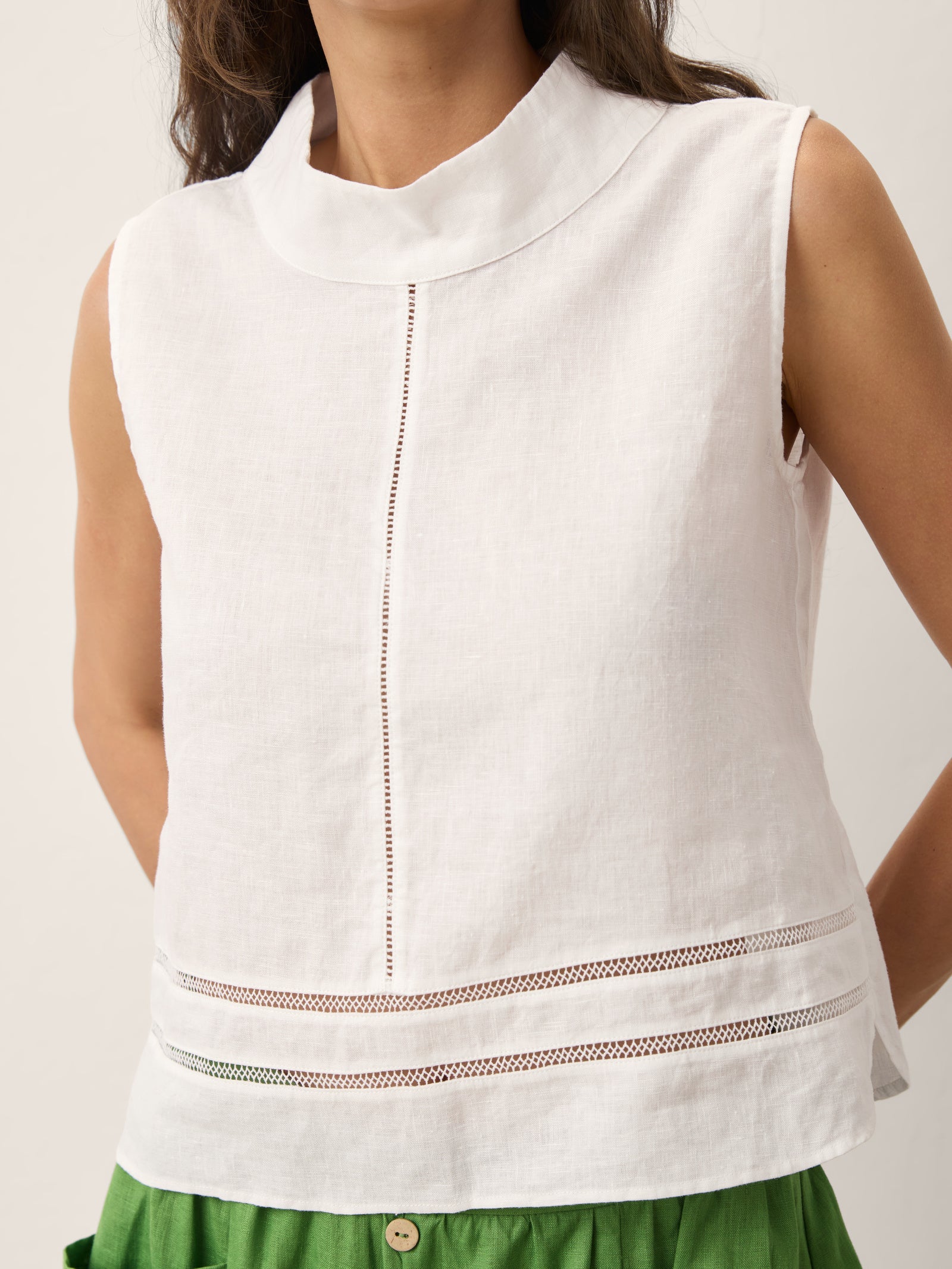 100% Linen Lace Inset Stand Collar Sleeveless Top ULANI