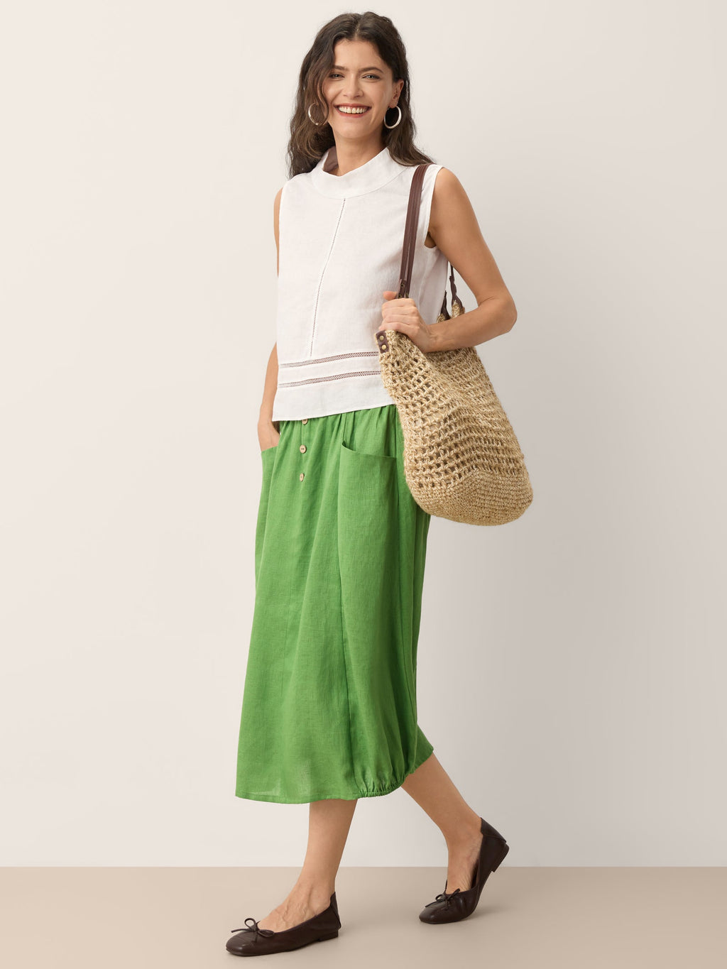 100% Linen Lace Inset Stand Collar Sleeveless Top ULANI