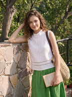100% Linen Lace Inset Stand Collar Sleeveless Top ULANI