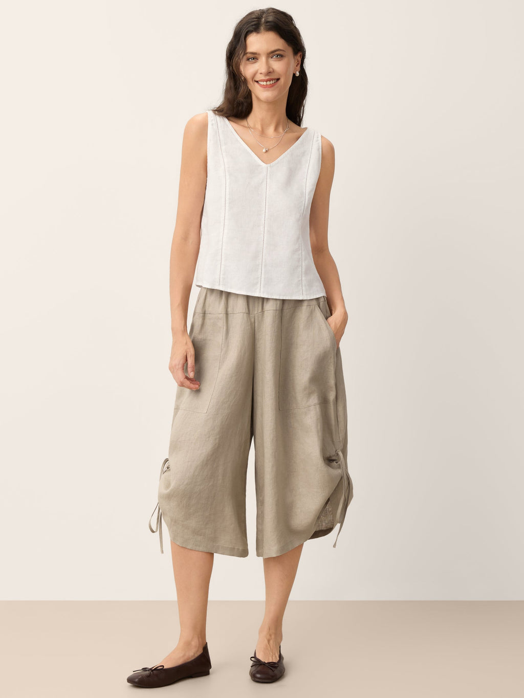100% Linen Lace Inset V-Neck Tank Top WINSLET