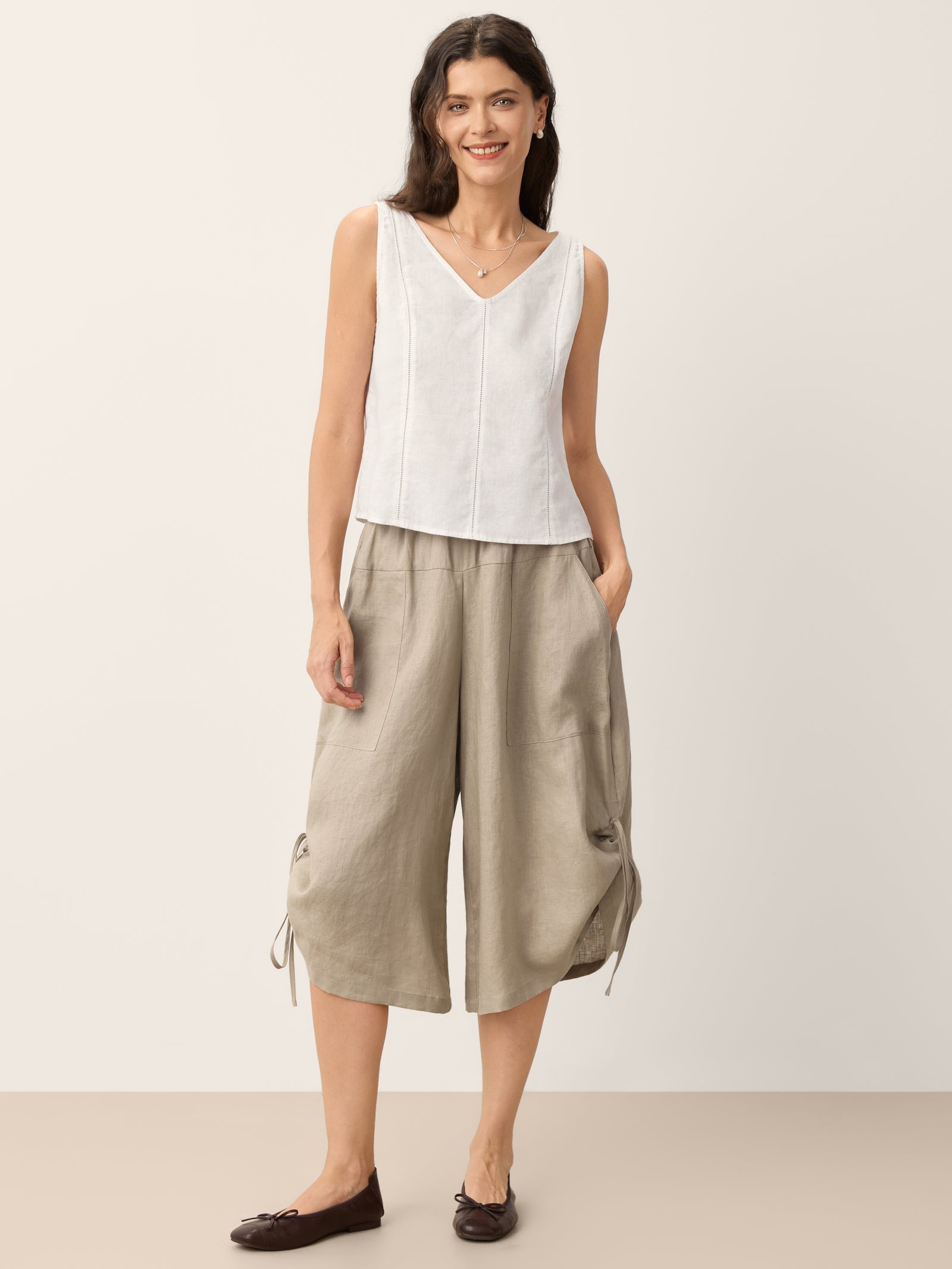 100% Linen Lace Inset V-Neck Tank Top WINSLET