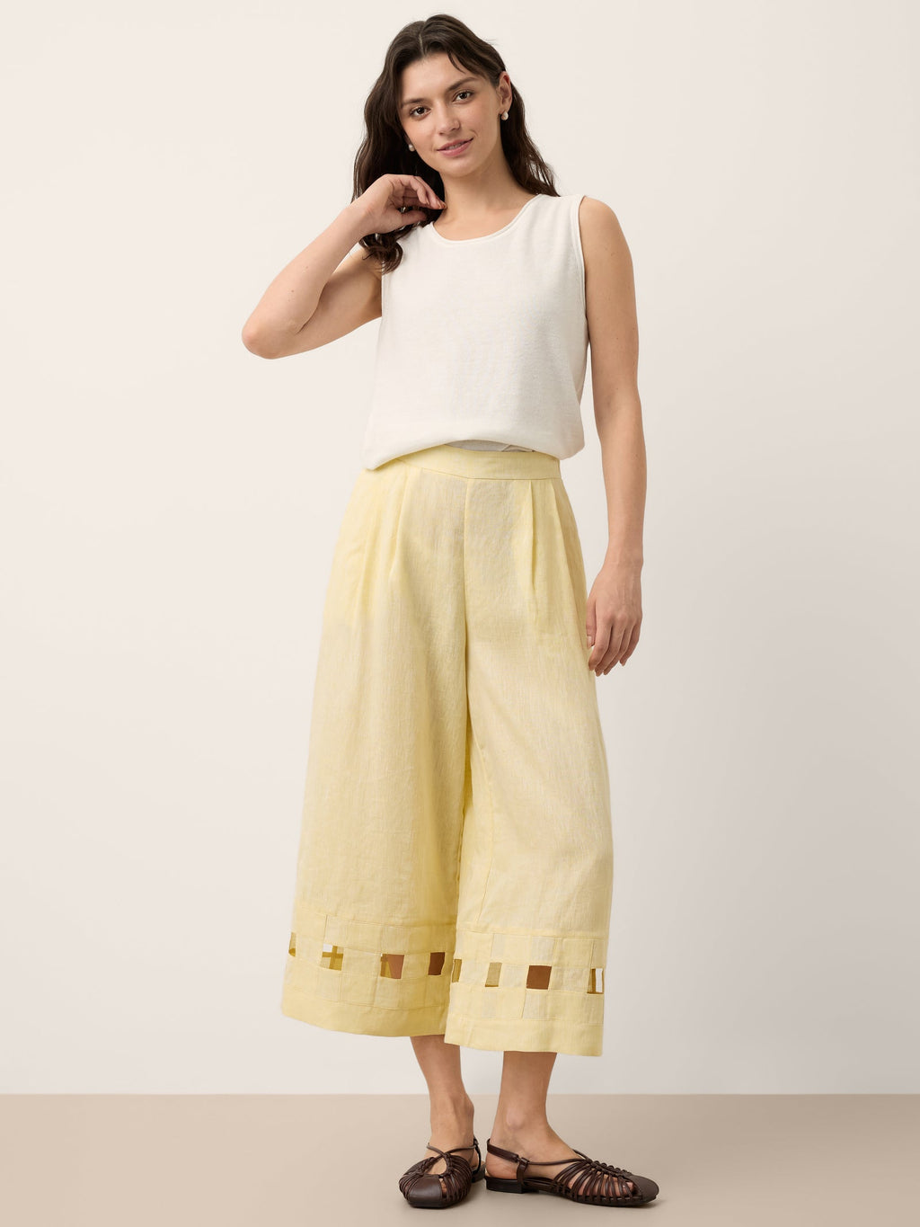 100% Linen Lattice Hem Cropped Wide Leg Pants EMMELINE