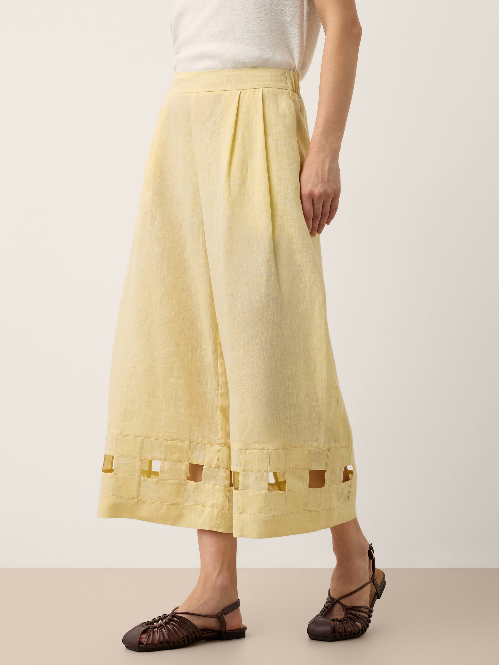 100% Linen Lattice Hem Cropped Wide Leg Pants EMMELINE