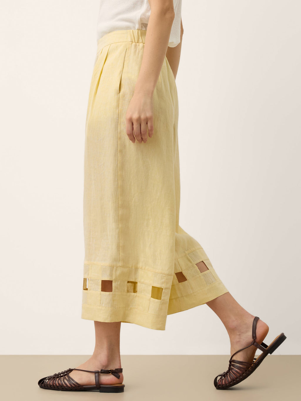 100% Linen Lattice Hem Cropped Wide Leg Pants EMMELINE