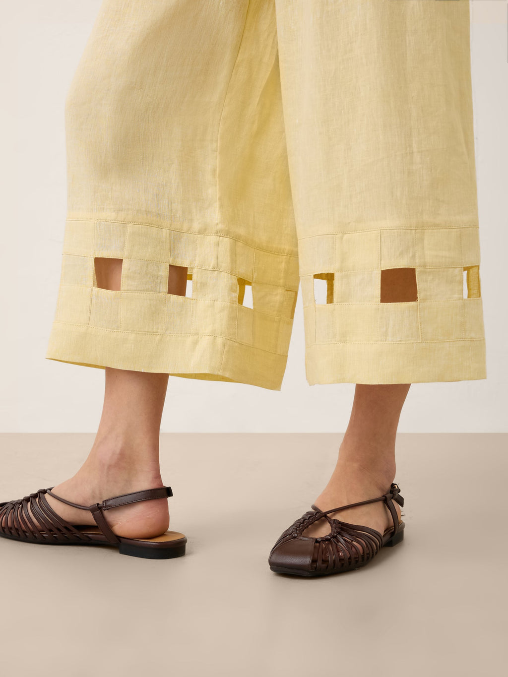 100% Linen Lattice Hem Cropped Wide Leg Pants EMMELINE