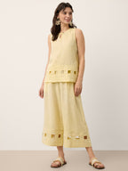 100% Linen Lattice Hem Cropped Wide Leg Pants EMMELINE