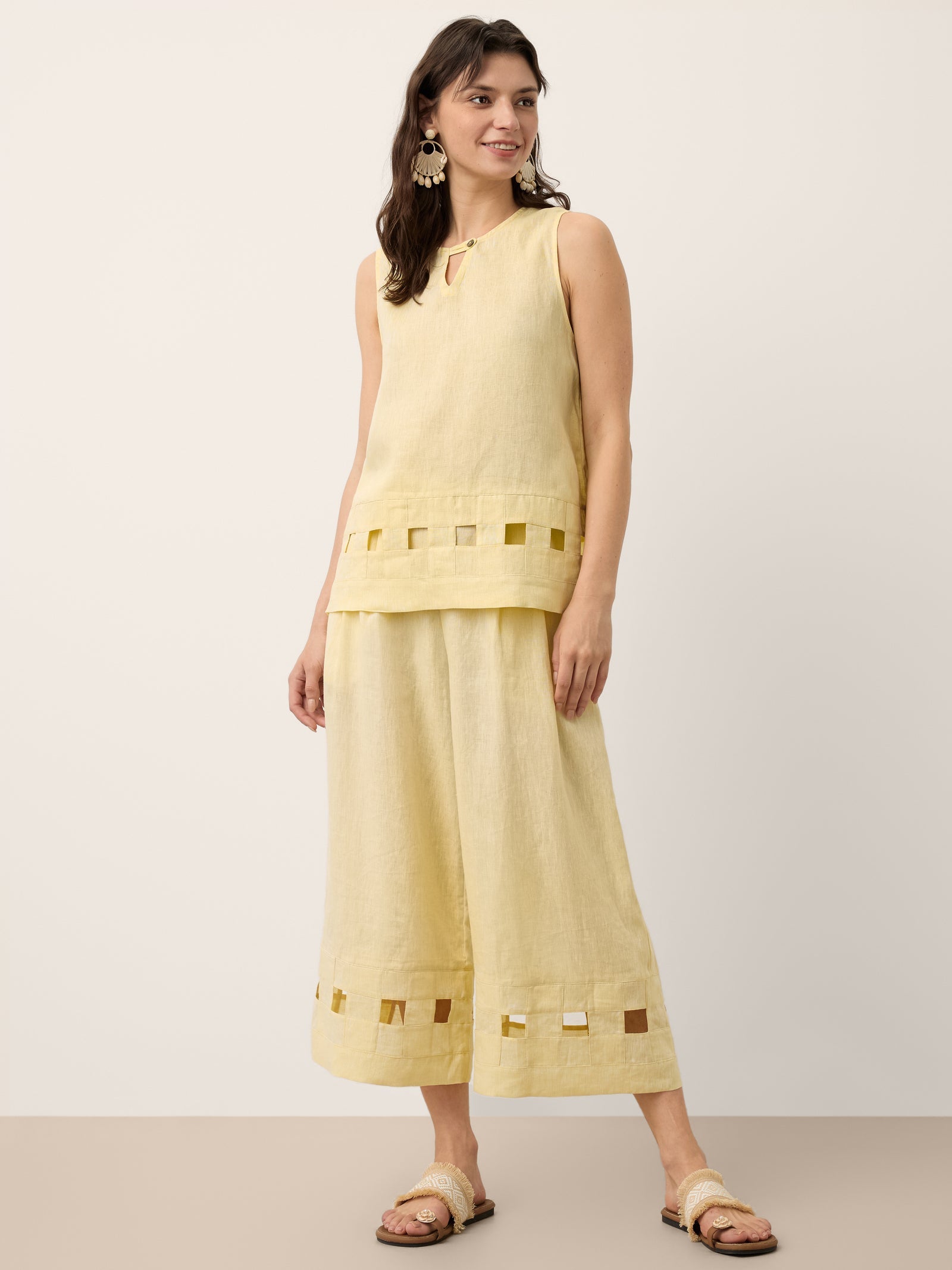100% Linen Lattice Hem Cropped Wide Leg Pants EMMELINE