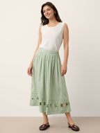 100% Linen Layered Handwoven Lattice Hem Elastic Waist Midi Skirt ALINAH