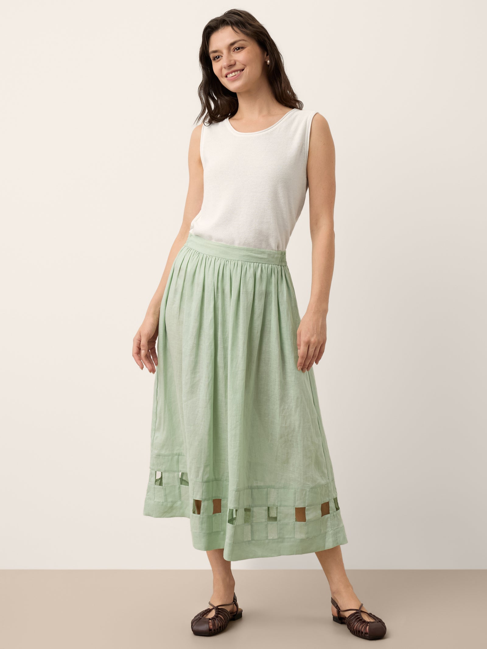 100% Linen Layered Handwoven Lattice Hem Elastic Waist Midi Skirt ALINAH