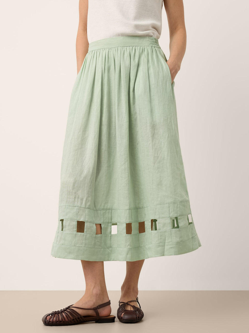 100% Linen Layered Handwoven Lattice Hem Elastic Waist Midi Skirt ALINAH