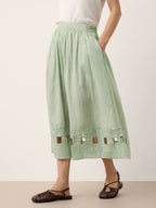 100% Linen Layered Handwoven Lattice Hem Elastic Waist Midi Skirt ALINAH