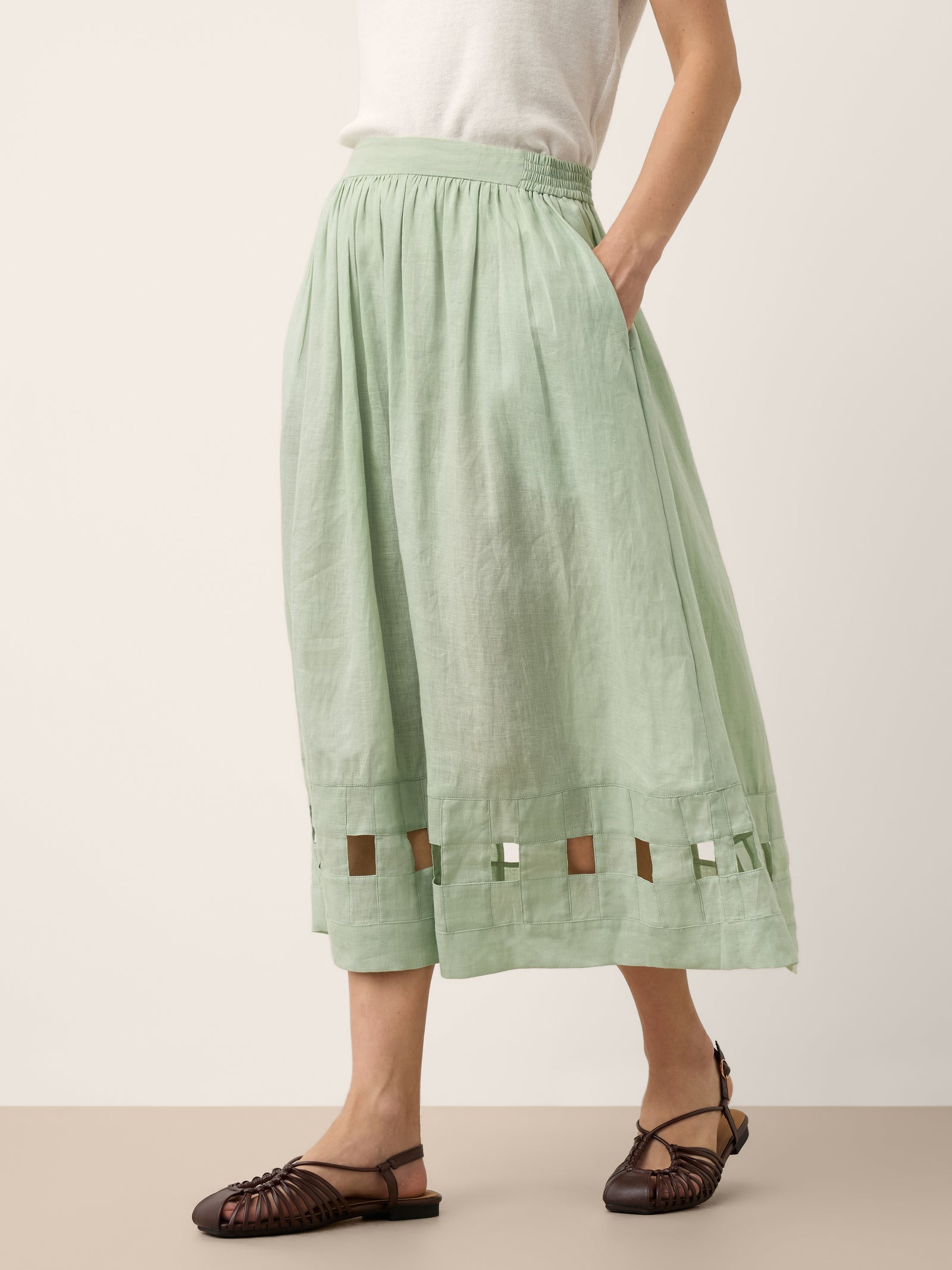 100% Linen Layered Handwoven Lattice Hem Elastic Waist Midi Skirt ALINAH