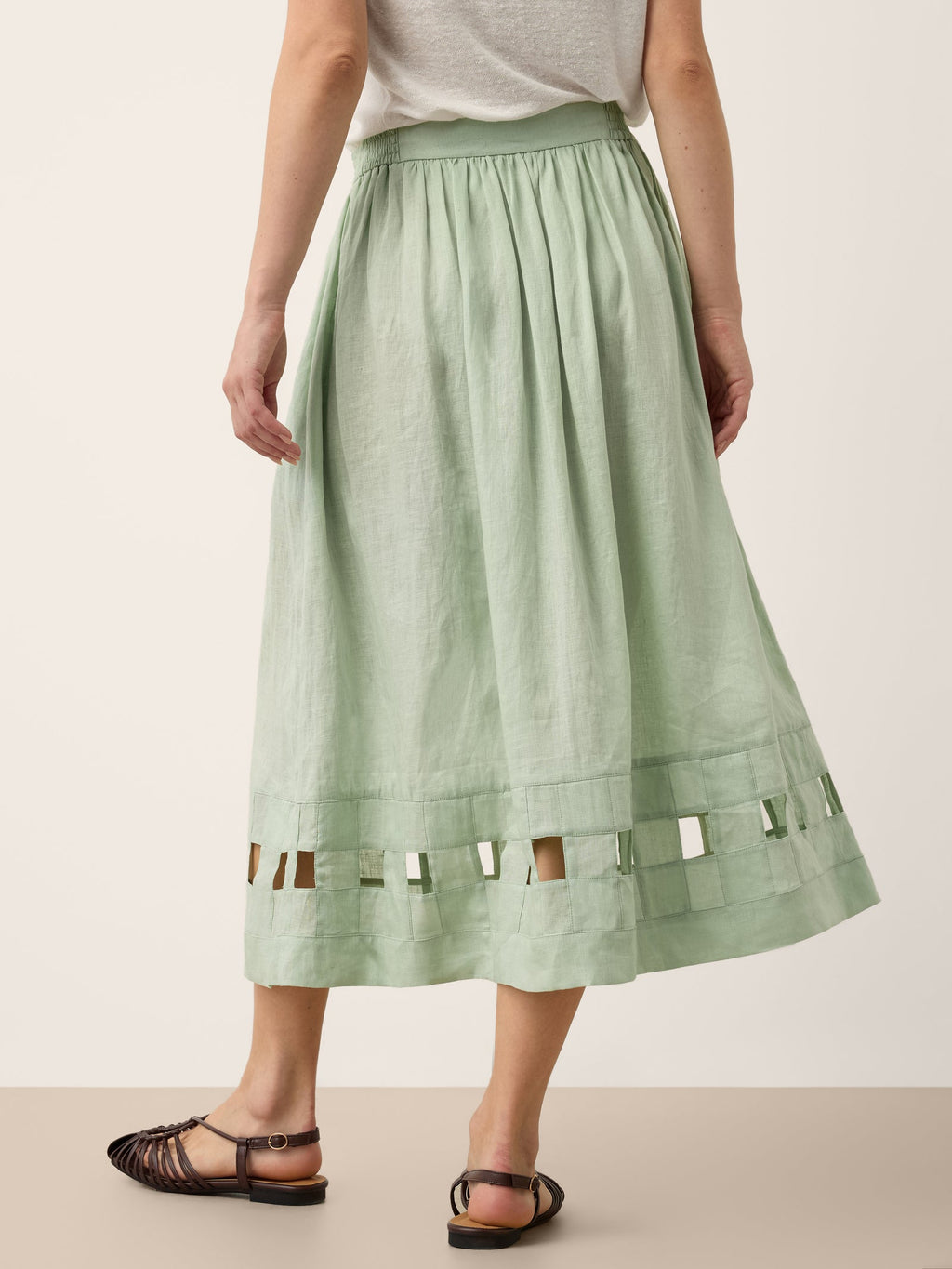 100% Linen Layered Handwoven Lattice Hem Elastic Waist Midi Skirt ALINAH